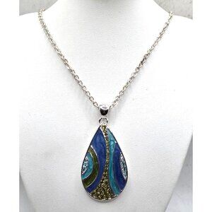 Teardrop Multicolor Pendant Necklace With Blue & Green Crystals On Silver-Tone C